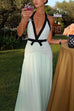Rebadress Deep V Neck Halter Backless Color Block Bow Maxi Dress