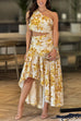 Rebadress One Shoulder Cut Out Waist Asymmetrical Hem Floral Maxi Dress