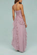 Rebadress Strappy Halter Neck Ruffle Trim Asymmetric Hem Pleated Maxi Dress