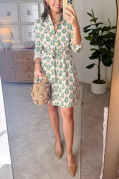 Long Sleeves Bow Waist Floral Print Shirt Dress