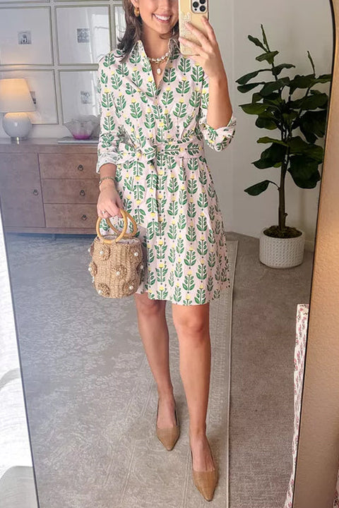 Long Sleeves Bow Waist Floral Print Shirt Dress