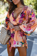 Wrap V Neck Long Sleeves Tie Waist Floral Print Romper