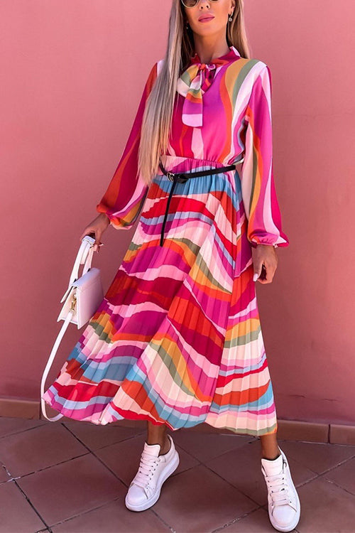 Rebadress Tie Neck Long Sleeves Color Block Pleated Maxi Dress