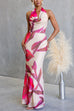 Cowl Neck Halter Open Back Printed Maxi Dress