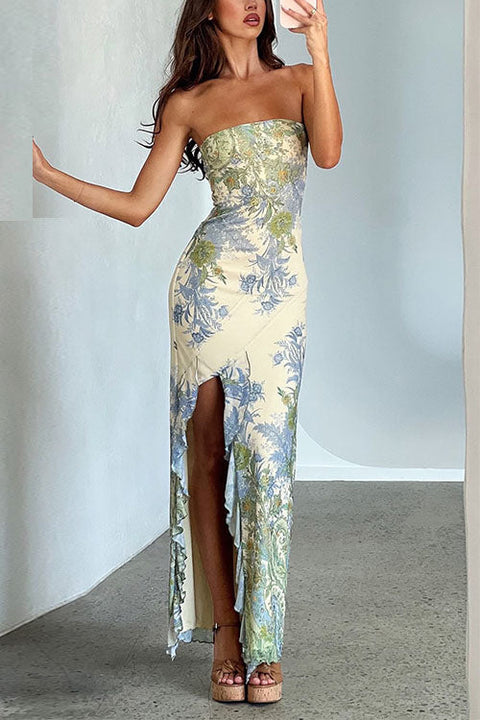 Rebadress Strapless Ruffle Slit Floral Print Maxi Dress
