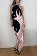 Rebadress Halter Neck Open Back Asymmetric Hem Printed Satin Midi Dress