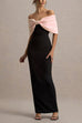 Bow Off Shoulder Color Block Back Slit Maxi Dress