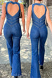 Rebadress Zip Up Sleeveless Heart Back Bell Bottom Denim Jumpsuit